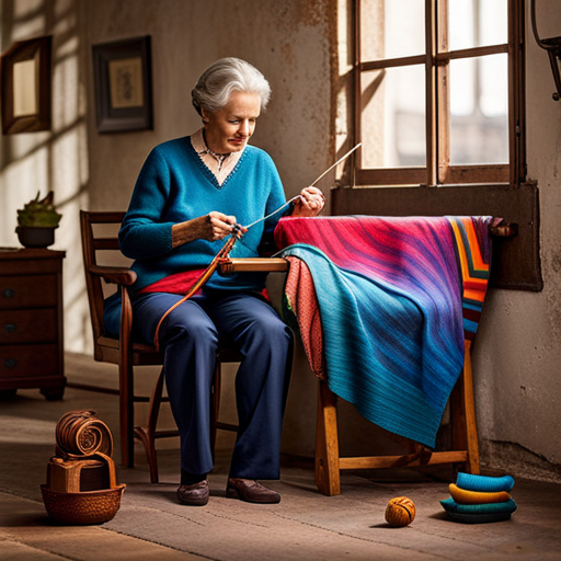 An image showcasing two hands, one gracefully knitting a colorful sweater with intricate patterns, while the other skillfully weaves a vibrant tapestry using a variety of textured threads