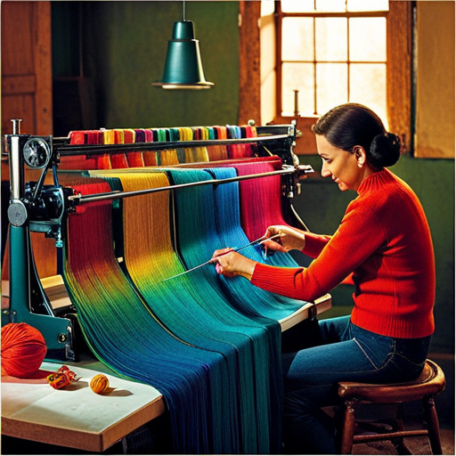 An image showcasing a knitting machine in action, with waste yarn neatly cast off