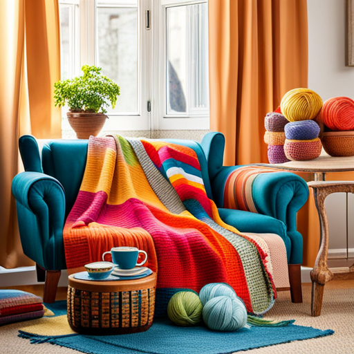 An image showcasing a cozy living room with a vintage armchair covered in colorful crochet blankets, yarn baskets overflowing with vibrant skeins, and a coffee table adorned with knitting needles, pattern books, and a steaming cup of tea