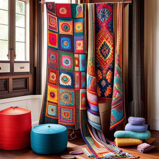 An image showcasing a vibrant tapestry of knitting patterns, where a symphony of colors and textures intertwine