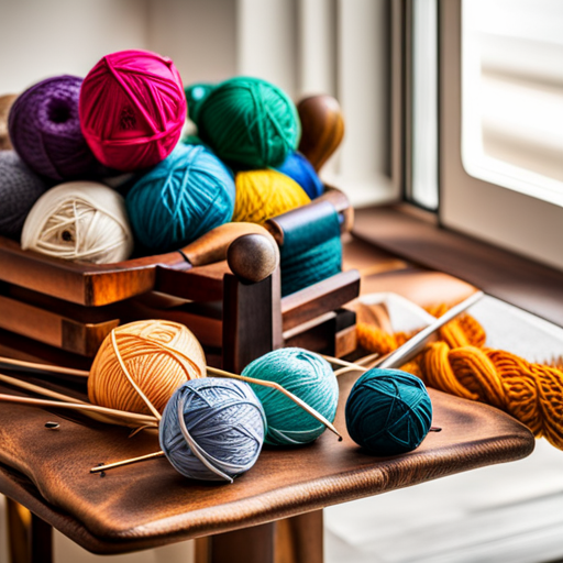 An image showcasing a diverse collection of colorful yarn balls neatly arranged on a wooden shelf, alongside knitting needles and a notebook filled with intricate knitting patterns, representing the abundance of free knitting patterns available in the UK