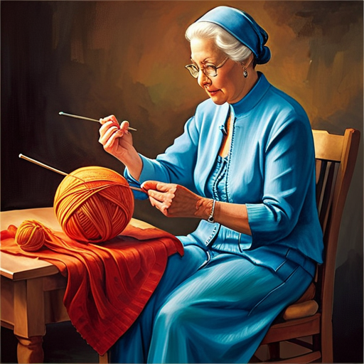 An image capturing a pair of skilled hands gently holding knitting needles, expertly looping yarn with consistent tension