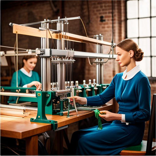 An image showcasing a knitting machine claw weight system in action, capturing the delicate balance of perfectly tensioned yarn