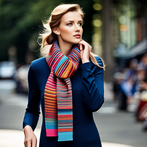 An image of a vibrant, multicolored knitted scarf, adorned with intricate zig zag patterns that flow seamlessly from one end to the other, adding a dynamic twist to your cold-weather wardrobe