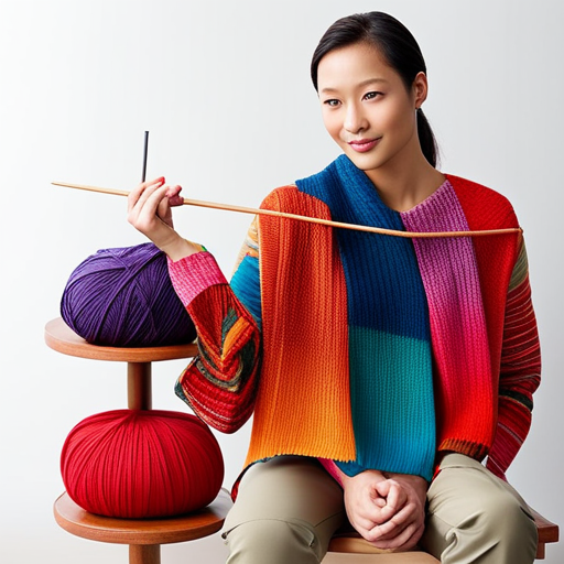 An image showcasing the intricate interplay of colorful yarns, knitting needles clicking rhythmically, as a pair of skilled hands skillfully add stitches to a growing fabric, celebrating the expanding world of knitting