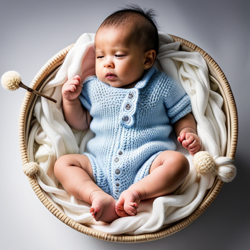 An image showcasing a sweet and snug baby onesie, delicately handmade with soft pastel yarn