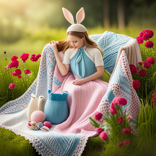 An image showcasing a cozy scene with a charming hand-knitted bunny surrounded by an assortment of irresistibly adorable knitting patterns, featuring delicate stitches, soft pastel colors, and intricate details