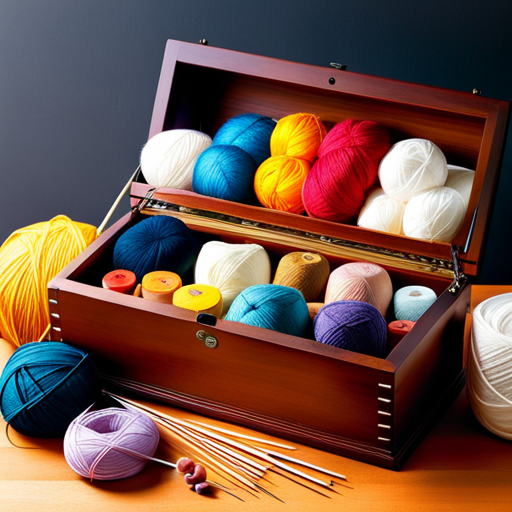 An image showcasing a neatly organized, wooden knitting box overflowing with colorful skeins of yarn, a variety of knitting needles in different sizes, and a collection of knitting patterns neatly stacked on top