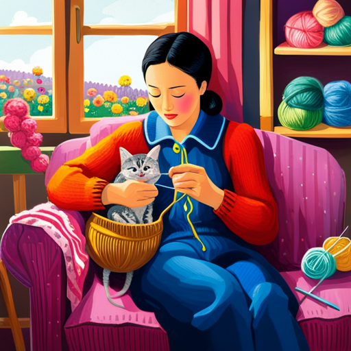 An image showcasing a cozy scene with a beginner knitter surrounded by colorful yarns and knitting needles, gently knitting a vibrant scarf, while a playful kitten curiously watches from a comfortable armchair