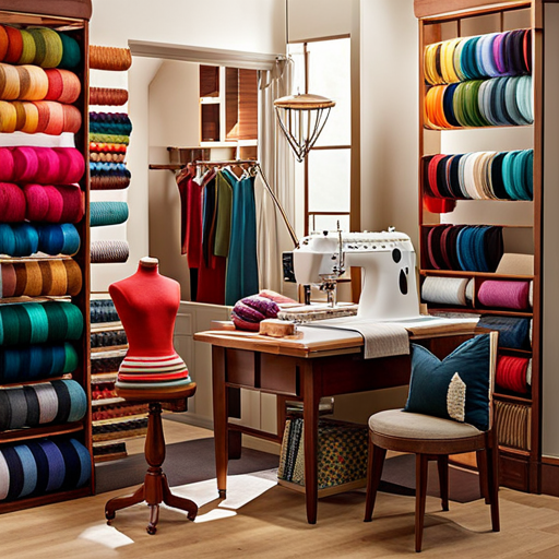 An image showcasing a cozy home studio with a knitting machine at its center, surrounded by colorful yarn cones, intricate patterns hanging on the wall, and a finished garment elegantly displayed on a mannequin