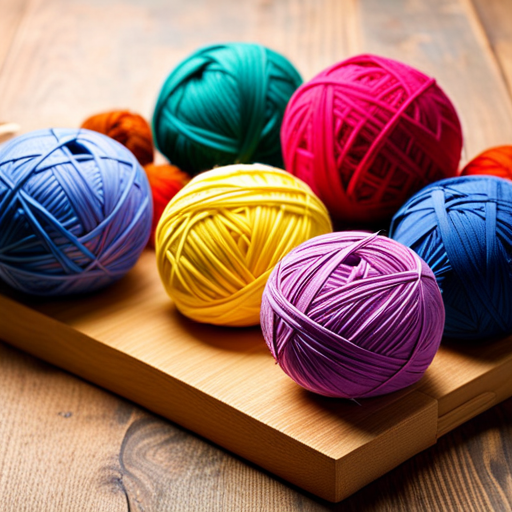 An image showcasing a vibrant array of colorful yarn balls, neatly arranged on a wooden table, with knitting needles gracefully intertwined