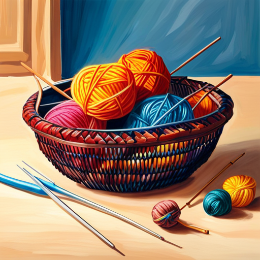 An image showcasing a pair of skilled hands gracefully maneuvering knitting needles, skillfully interlacing vibrant yarn, depicting the intricate process of knitting while exuding artistry and expertise