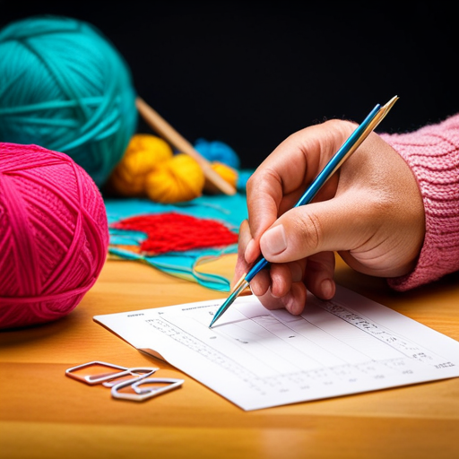 An image showcasing a pair of skilled hands deftly manipulating knitting needles, while a sophisticated calculator sits nearby, displaying intricate calculations and stitch patterns