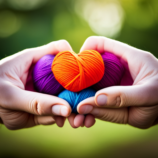 An image showcasing a pair of hands, delicately knitting a colorful thread into a heart-shaped piece