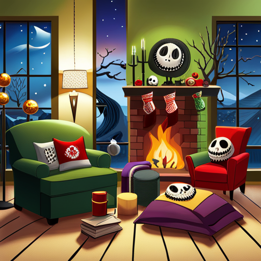 An image showcasing a cozy living room adorned with Nightmare Before Christmas-themed knitted decorations