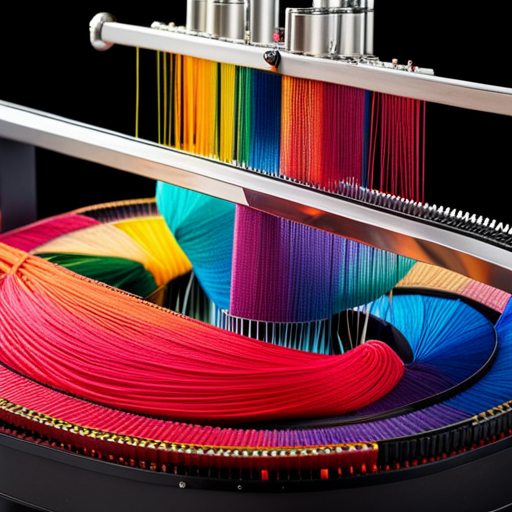 An image showcasing a vibrant knitting machine in action, surrounded by a spectrum of colorful yarns