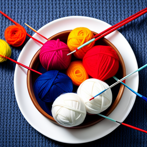 An image of colorful yarn balls arranged in a circular formation, with knitting needles woven through them, against a backdrop of a knitted pattern