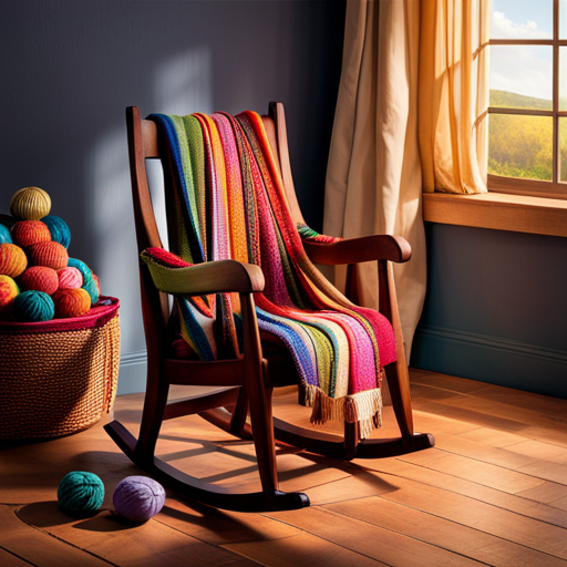 An image showcasing a cozy scene with a wooden rocking chair, bathed in warm golden light, where a perfectly folded classic cardigan rests on the armrest, surrounded by a basket of colorful yarn balls