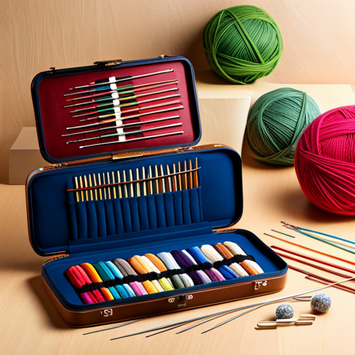 An image showcasing a vibrant assortment of high-quality knitting needles nestled in a sleek case, with each needle size clearly visible
