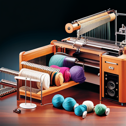 An image showcasing a diverse collection of knitting machines arranged neatly on a wooden table, surrounded by colorful yarn rolls, while a person's hands expertly operate one machine, capturing the essence of our comprehensive knitting machine manual PDF downloads