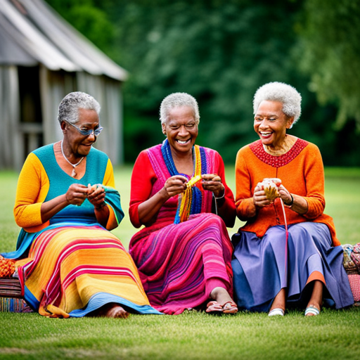 An image showcasing a vibrant knitting community, with diverse hands carefully knitting together colorful yarns, while laughter and conversation fill the air, capturing the essence of connection and sharing