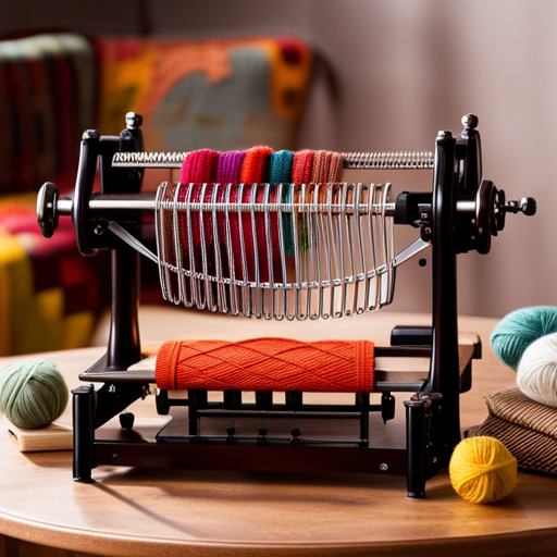 An image that showcases a cozy corner with a vintage knitting machine, surrounded by colorful yarns, pattern books, and a cup of steaming tea