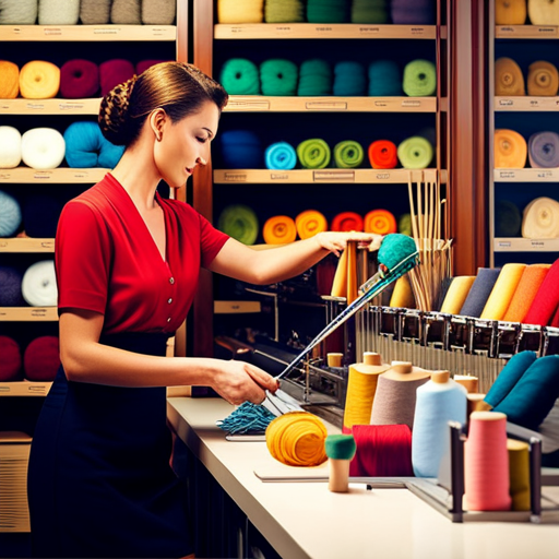 -up shot of a customer's hand effortlessly selecting different colored yarns from neatly organized shelves, while a knitting machine sits gracefully on the countertop, ready for use