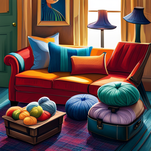 An image showcasing a cozy living room with a laptop on a coffee table, displaying an online knitting pattern website