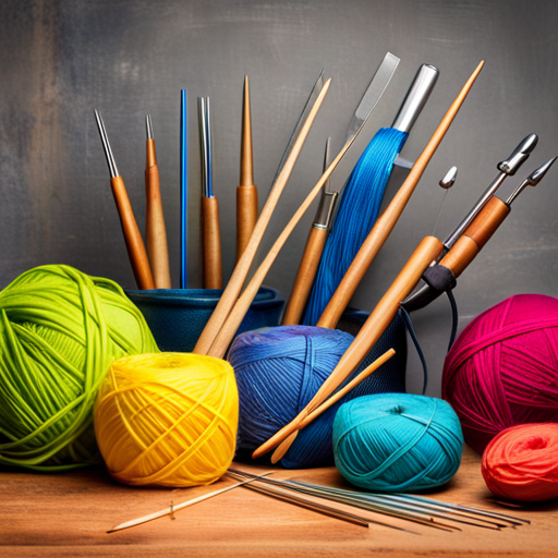 A vibrant image showcasing a variety of knitting needles in different sizes, neatly arranged alongside a UK conversion chart