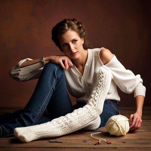 An image showcasing a pair of intricately knitted socks, enveloping a pair of small, delicate knitting needles