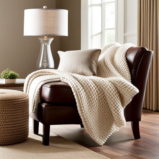 An image featuring a close-up shot of a chunky cardigan draped over a plush armchair in a cozy living room