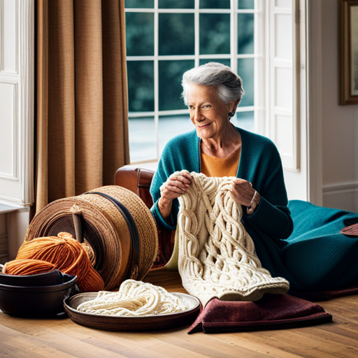 An image that captures the essence of cozy comfort: a pair of hands gently knitting with Olive Merino yarn, its soft fibers cascading through fingers in a warm, inviting setting