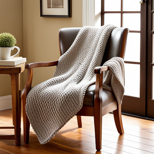 An image that captures the essence of cozy comfort: a rustic wooden armchair adorned with a soft, hand-knitted blanket in earthy tones, gently draped over the backrest, inviting readers to dive into the world of easy knitting patterns for blankets