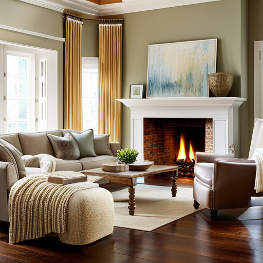 An inviting image of a warm, rustic living room with a crackling fireplace