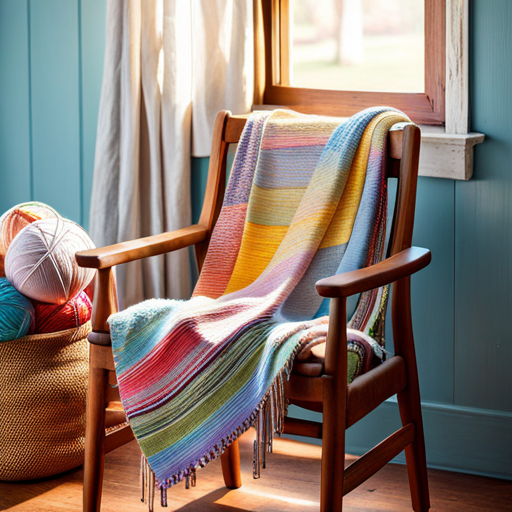 An image of a rustic wooden chair draped with a soft, pastel-colored ladies cardigan