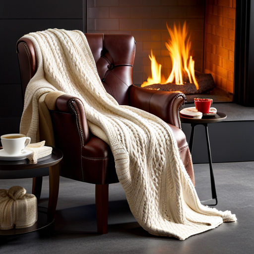 A warm and inviting image showcasing a beautifully textured cable-knit throw blanket draped over a plush, oversized armchair nestled beside a crackling fireplace, with a steaming mug of hot cocoa nearby