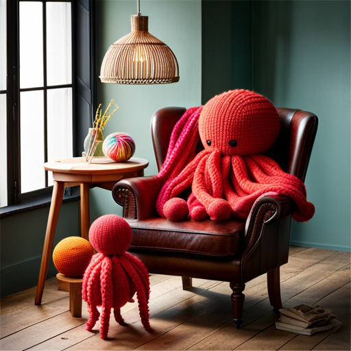 An image of a cozy, sunlit room adorned with colorful balls of yarn and knitting needles scattered on a plush armchair