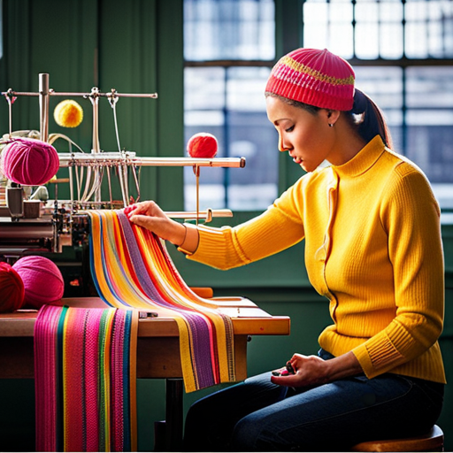 An image showcasing a knitting machine in action, producing a collection of adorable baby hats