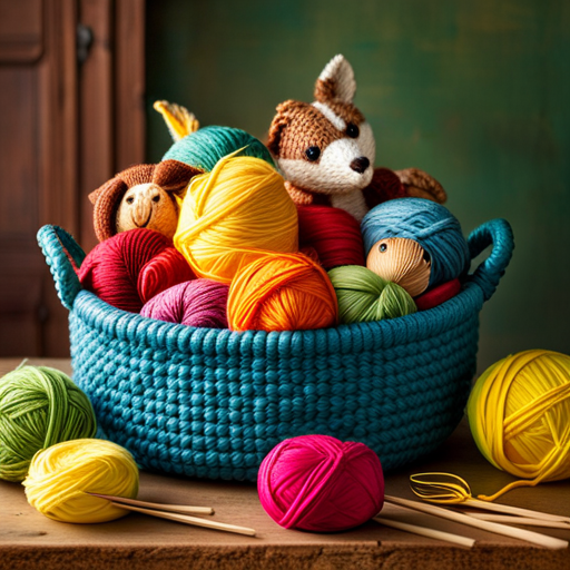 An image showcasing a colorful yarn basket overflowing with adorable hand-knit animal toys