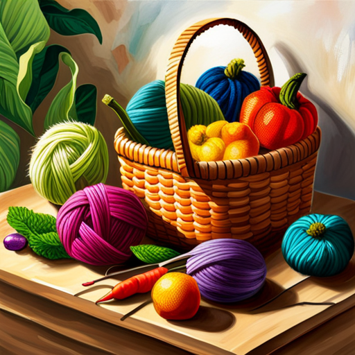 An image showcasing a vibrant basket filled with knitted fruits and vegetables, intricately crafted with colorful yarns