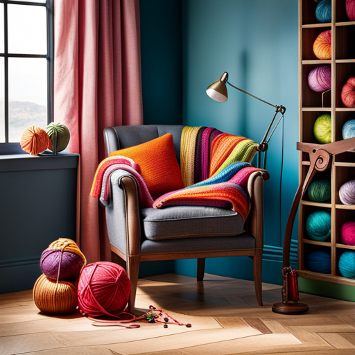 A captivating image showcasing a cozy, well-lit corner with a plush armchair, a basket overflowing with colorful yarn skeins, knitting needles, and a partially completed zip-up hoodie draped over the armrest, inviting readers to embark on their knitting journey