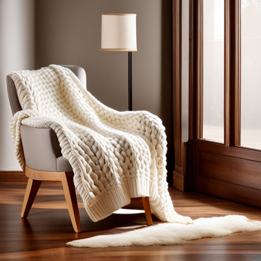 An image featuring a cozy living room scene, with a handmade chunky knit blanket draped over a plush armchair