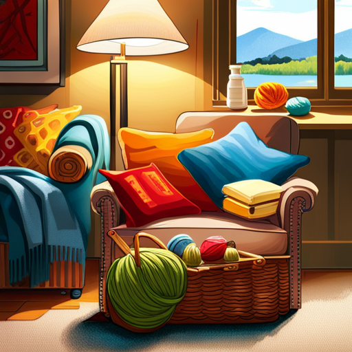 An image showcasing a cozy living room scene, with a beautifully knit sweater draped over the arm of a chair, colorful yarn spilling out of a basket, and knitting needles resting on a cushion, inviting readers to explore the world of knitting with confidence