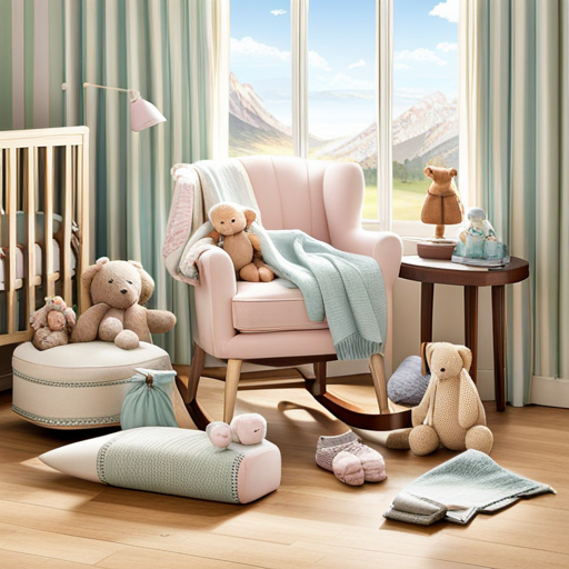 An image showcasing a cozy, pastel-hued nursery with a delicate hand-knit baby blanket draped over a rocking chair, surrounded by adorable knitted toys, booties, and a tiny sweater, exuding warmth and love
