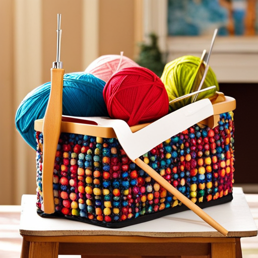An image showcasing a variety of knitting needles, beautifully adorned with colorful yarn, nestled in a cozy, Australian-inspired setting