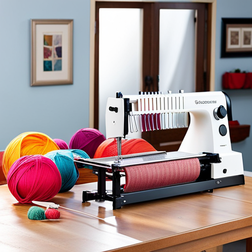 An image showcasing a modern knitting machine, its intricate mechanical parts seamlessly weaving vibrant threads together