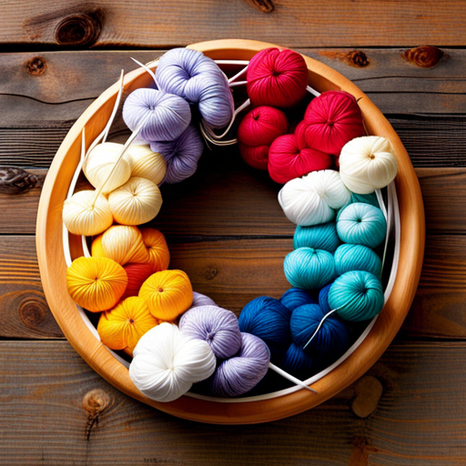 An image showcasing a diverse array of circular knitting needles in varying sizes, neatly arranged on a wooden surface