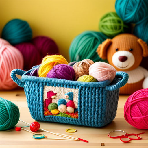 An image showcasing a cozy, colorful knitting corner, with a basket overflowing with whimsical knitted toys like cuddly teddy bears, playful dinosaurs, and magical unicorns, igniting imagination and endless fun