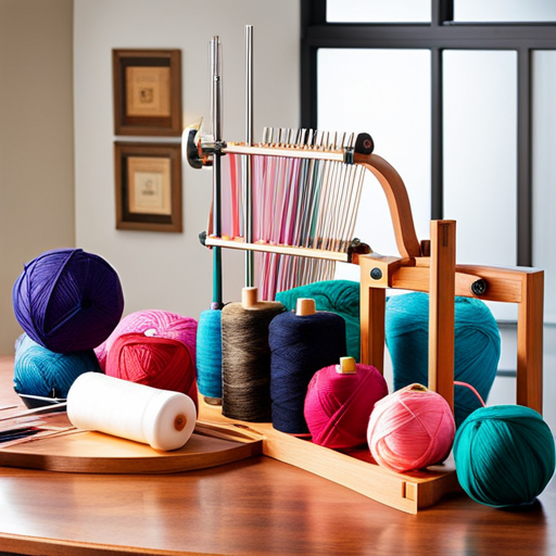 An image capturing the vibrant array of knitting machines at Hobby Lobby, showcasing their intricate mechanisms, assorted needles, and colorful yarns, inviting readers to delve into the world of crafting with these essential tools