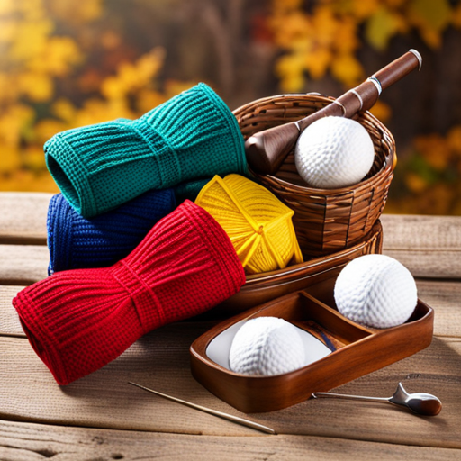 An image showcasing a cozy knitting corner with soft yarn in vibrant golf-themed colors
